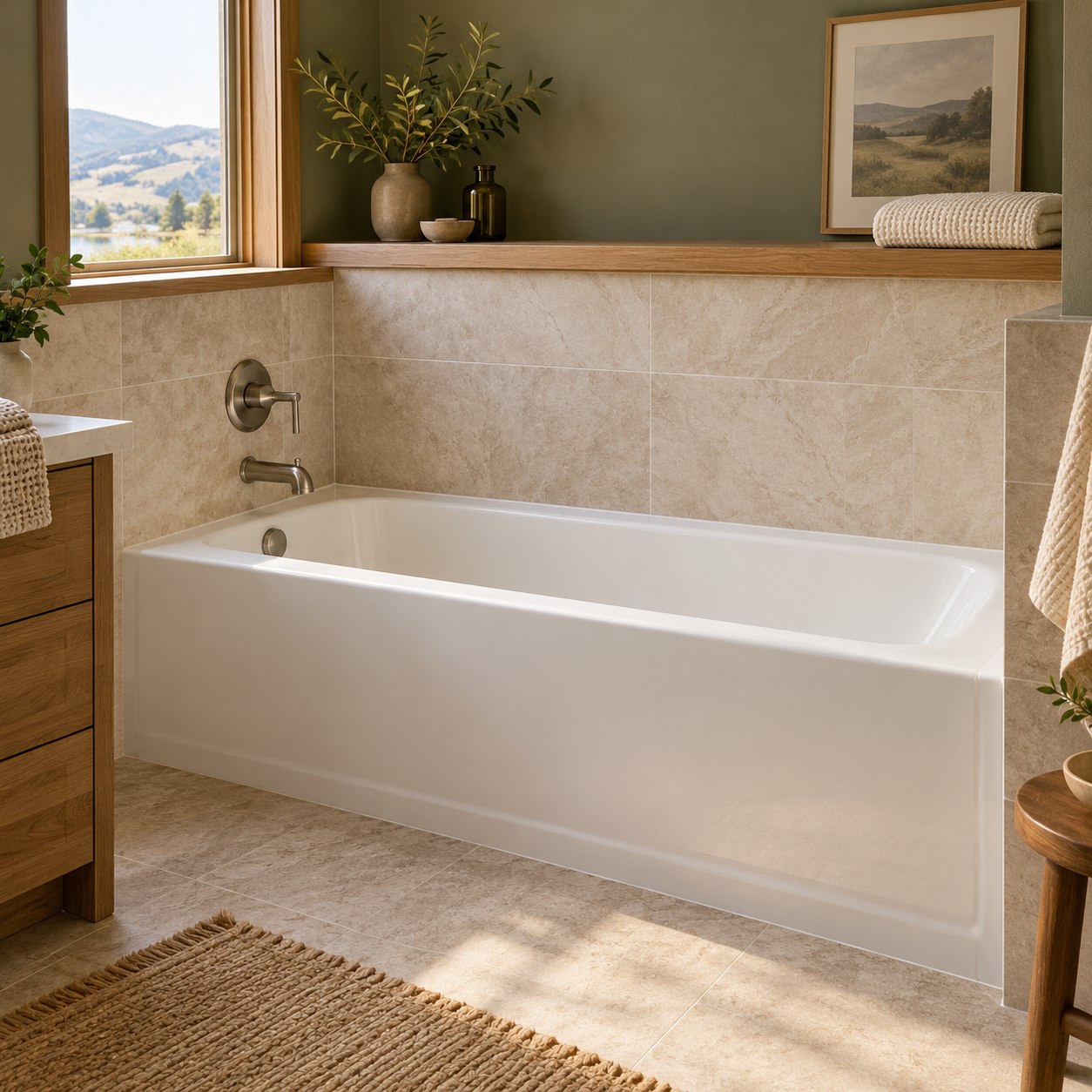 A white bathtub in a warm, sunlit bathroom — AI-generated illustration